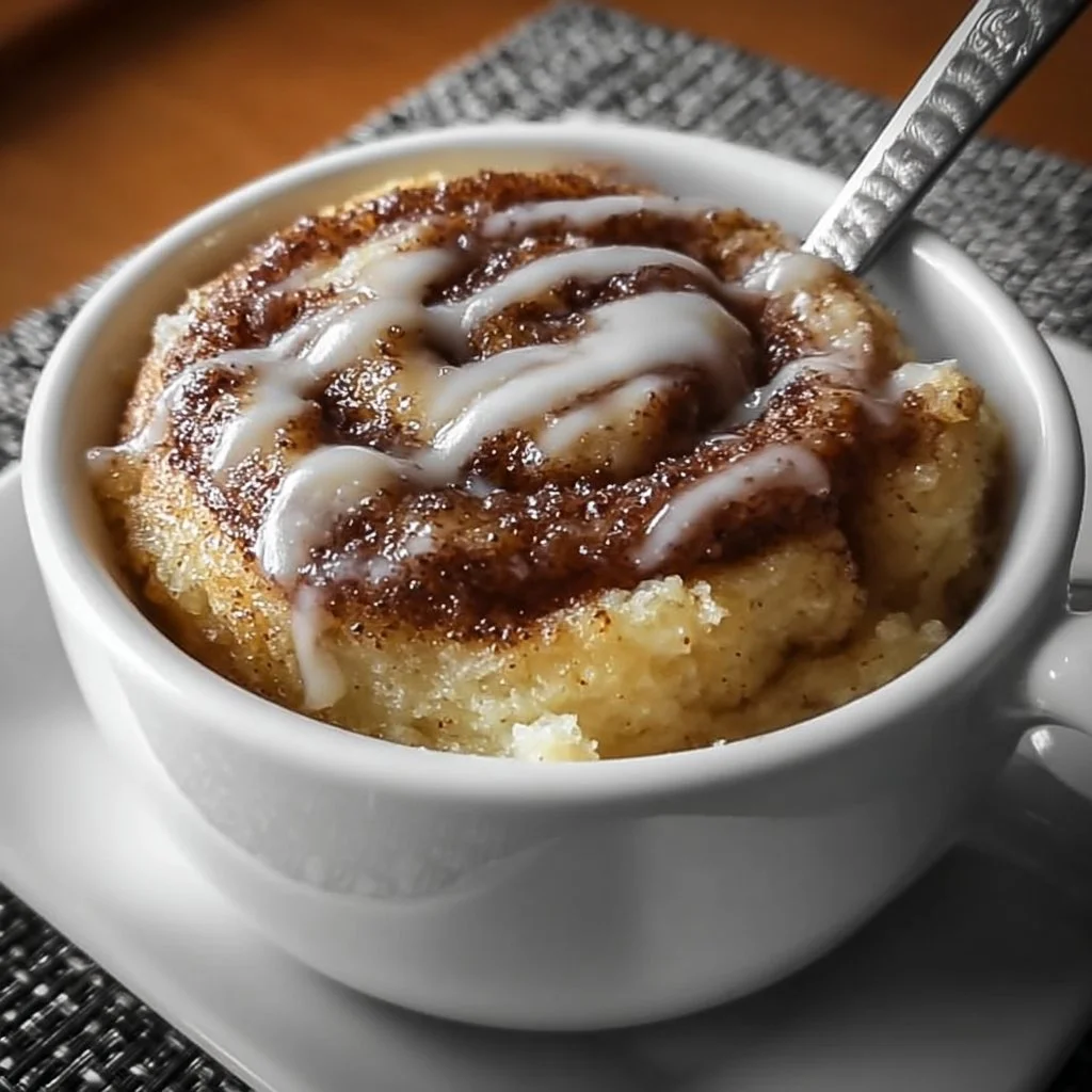 Delicious cinnamon roll mug cake topped with creamy frosting