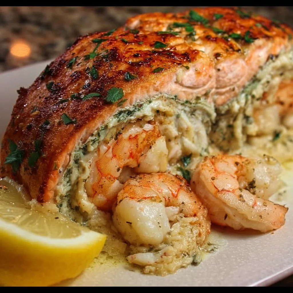 Crab and shrimp stuffed salmon on a plate garnished with herbs