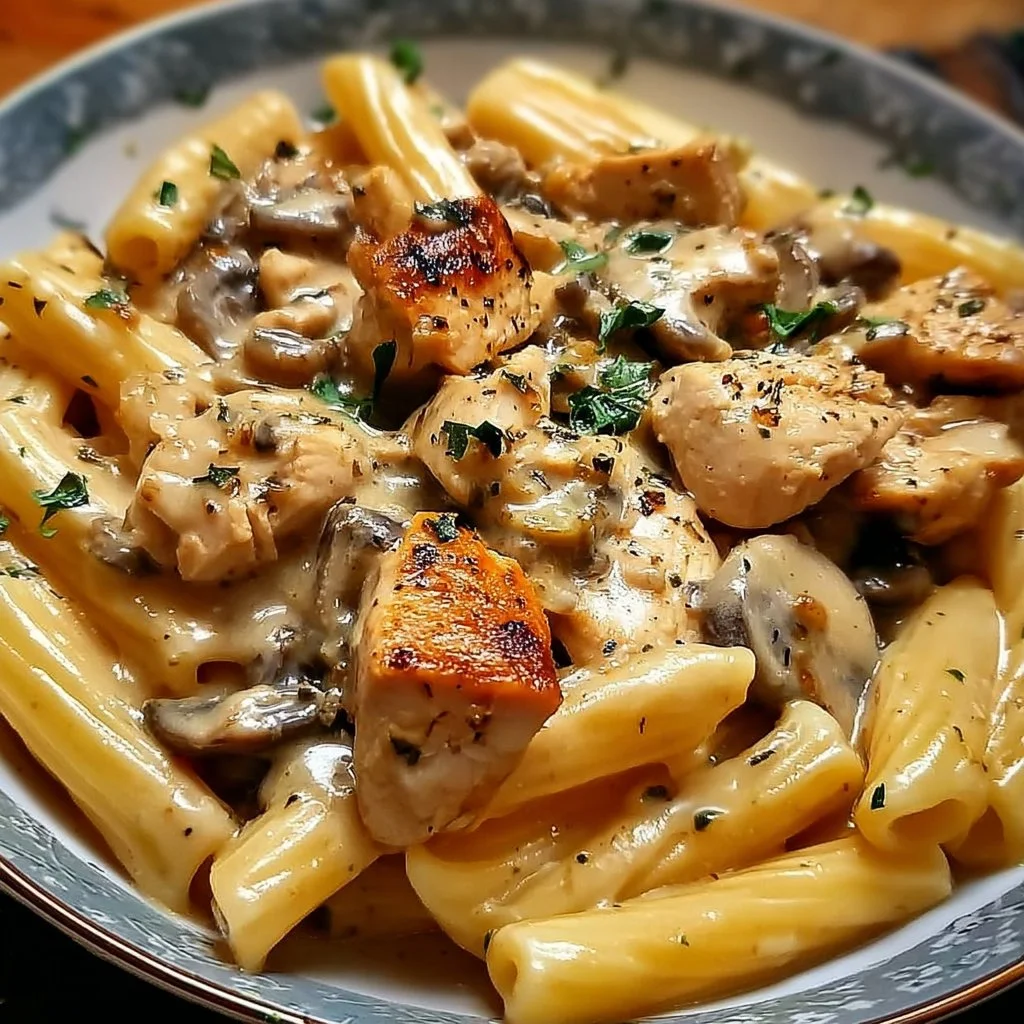 Creamy chicken and mushroom pasta in a bowl, topped with herbs