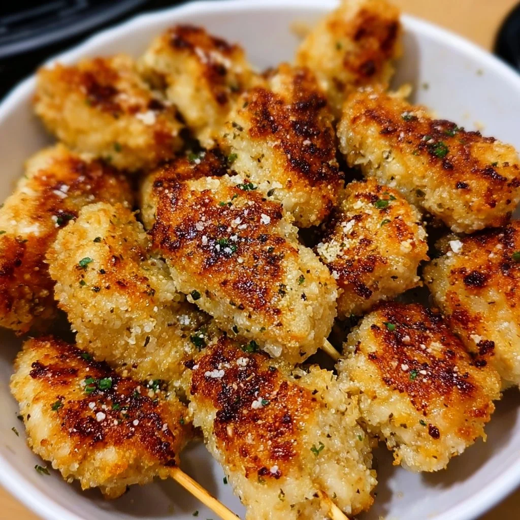 Crispy air fryer garlic parmesan chicken bites garnished with herbs