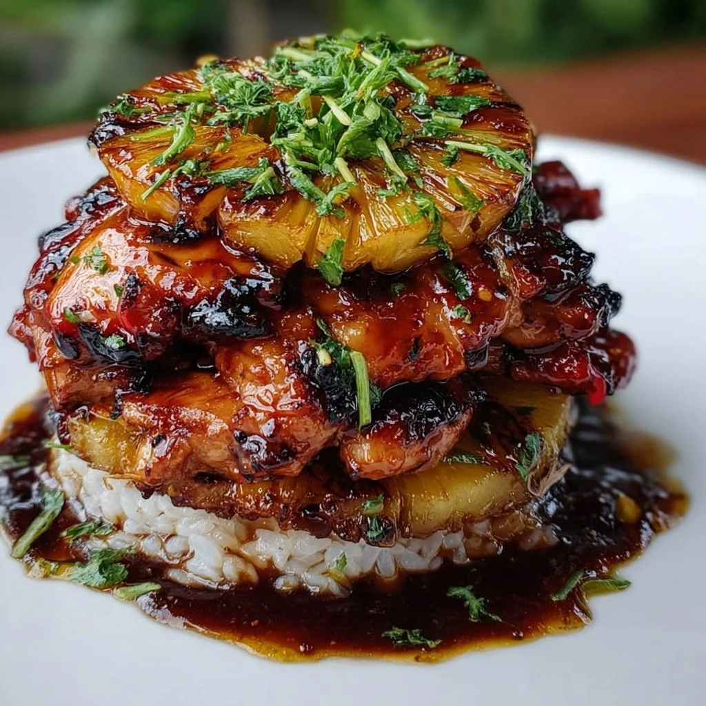 Hawaiian Turn Turn Chicken Stack served with colorful vegetables on a plate