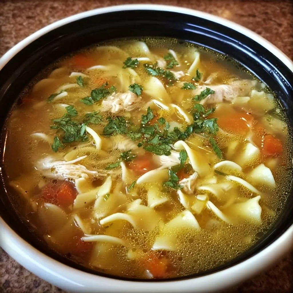 Bowl of homemade chicken noodle soup with fresh herbs and vegetables