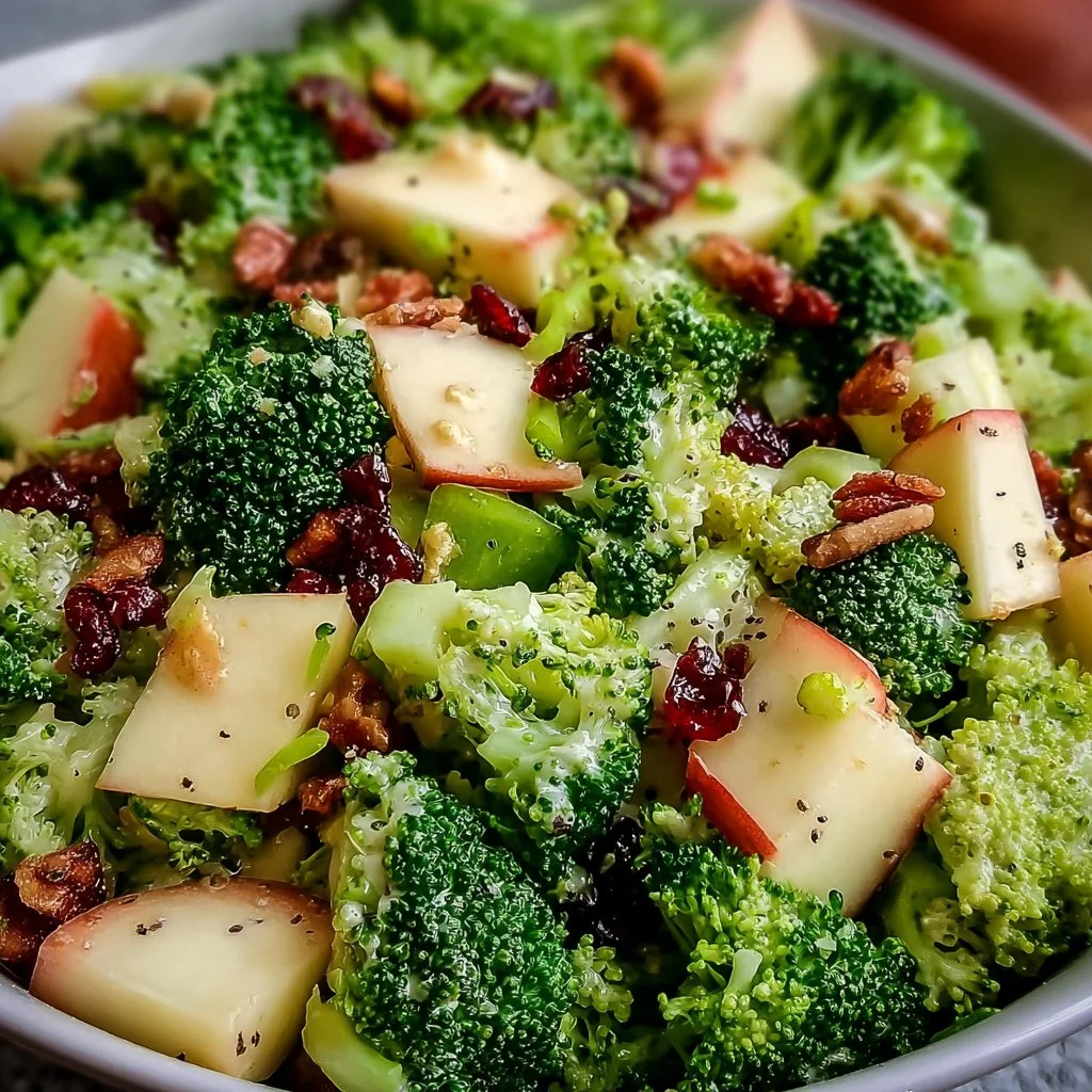 Fresh Honeycrisp apple broccoli salad with nuts and dressing