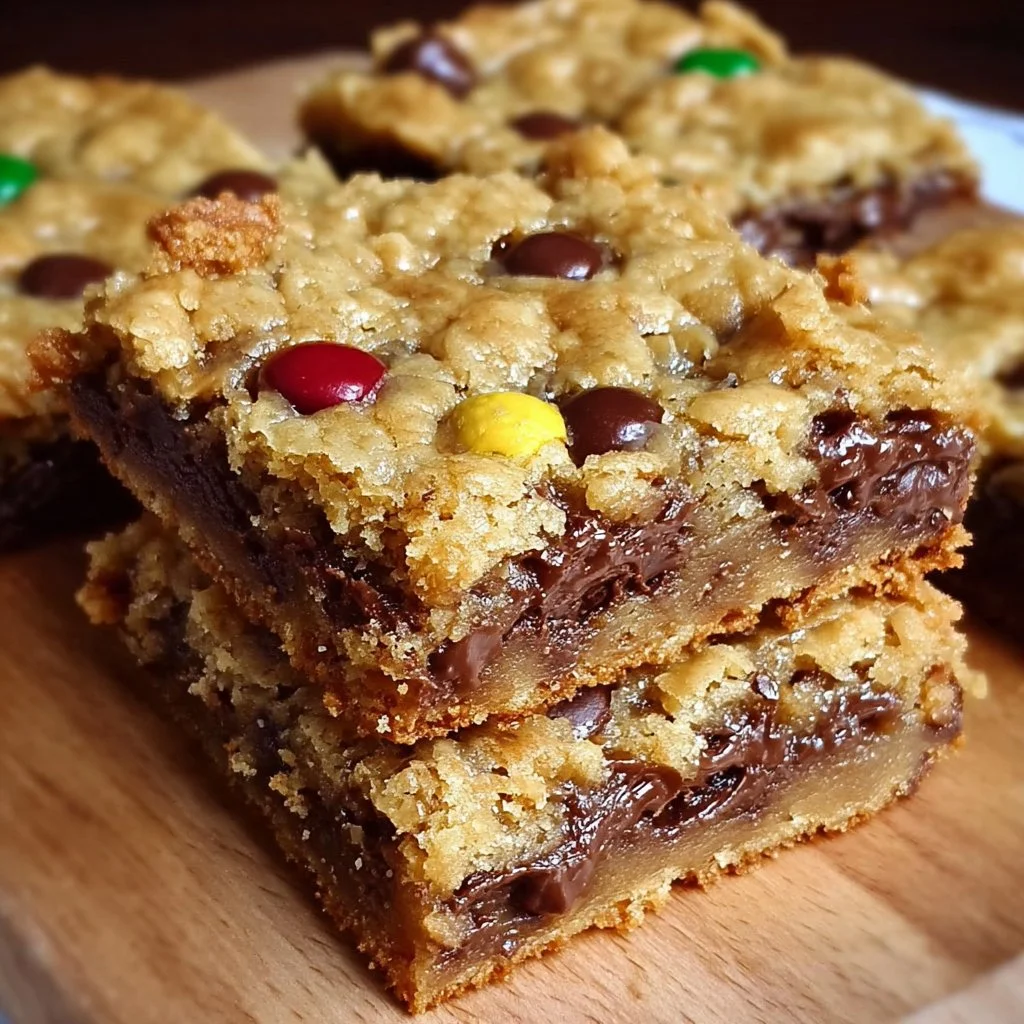 Delicious Monster Cookie Bars with oats, chocolate chips, and M&Ms