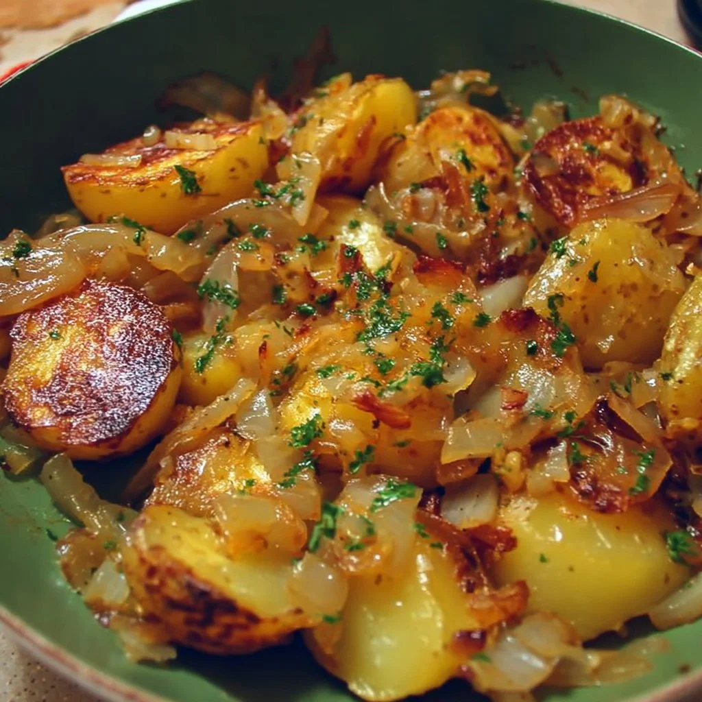 A plate of crispy oven fried potatoes and onions, garnished with herbs.