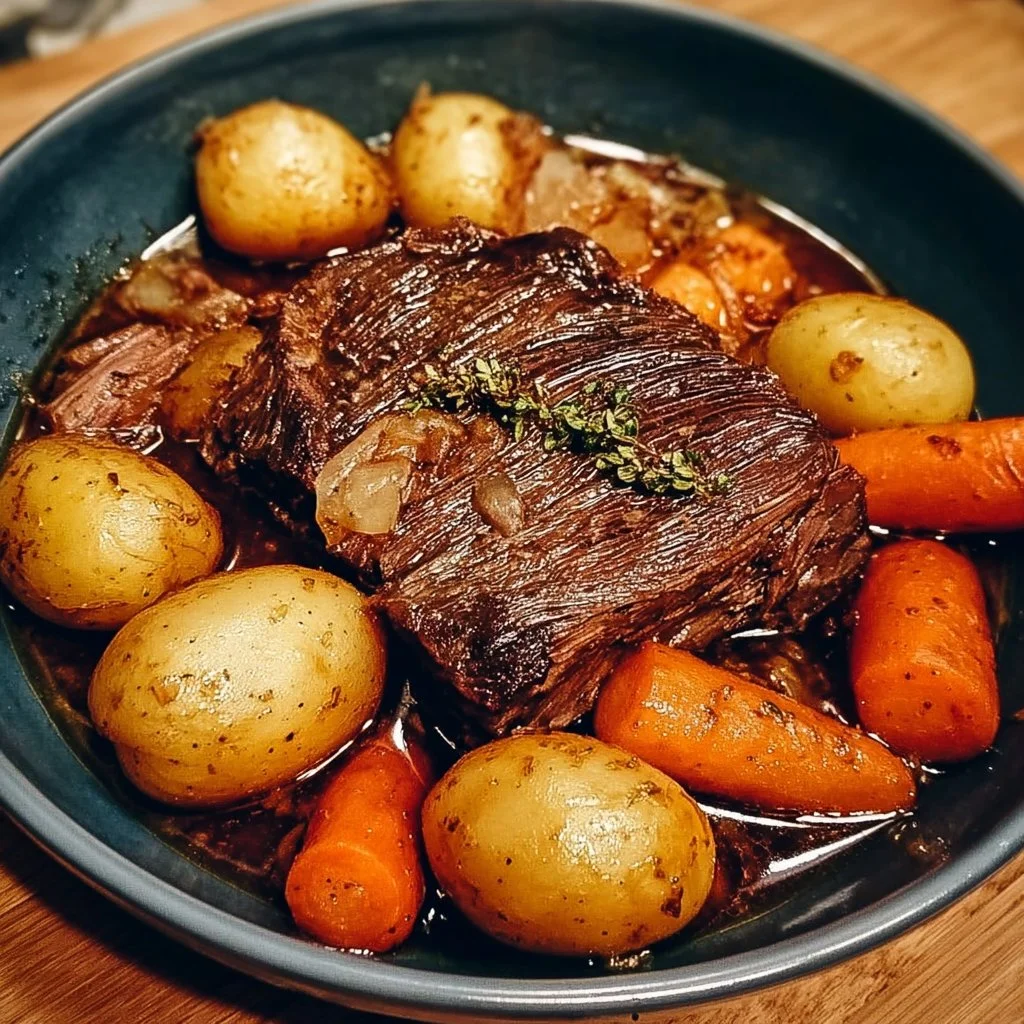 Delicious pot roast with potatoes and carrots served on a plate