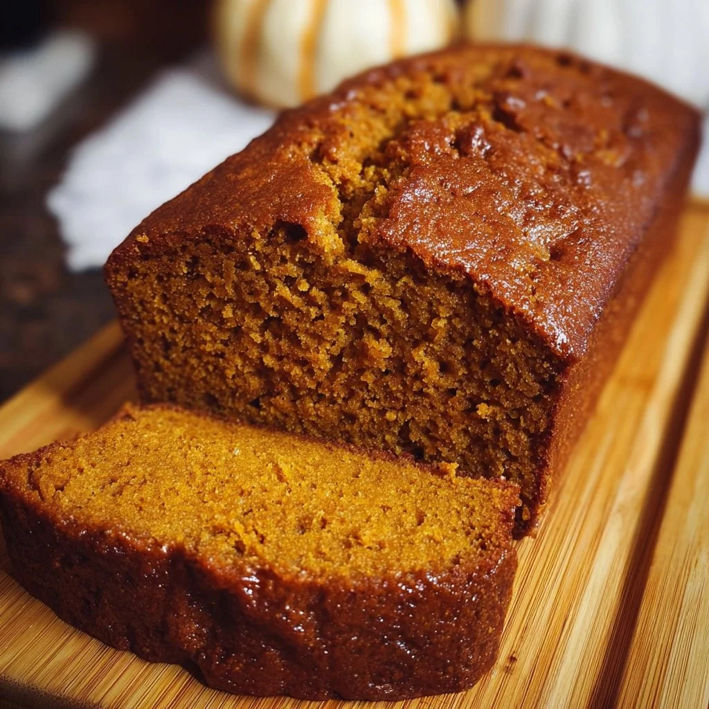 Loaf of freshly baked pumpkin bread on a rustic wooden table