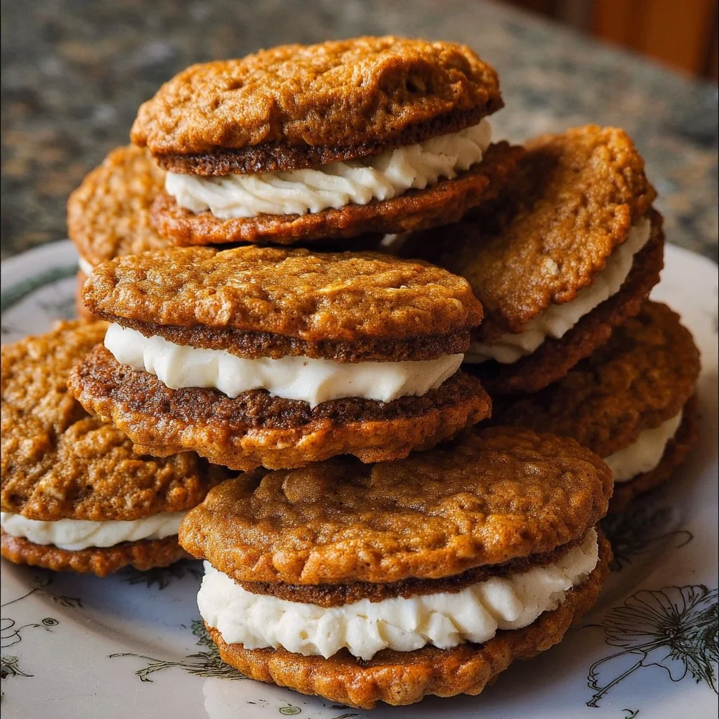 Delicious Pumpkin Oatmeal Cream Pies on a rustic wooden table.