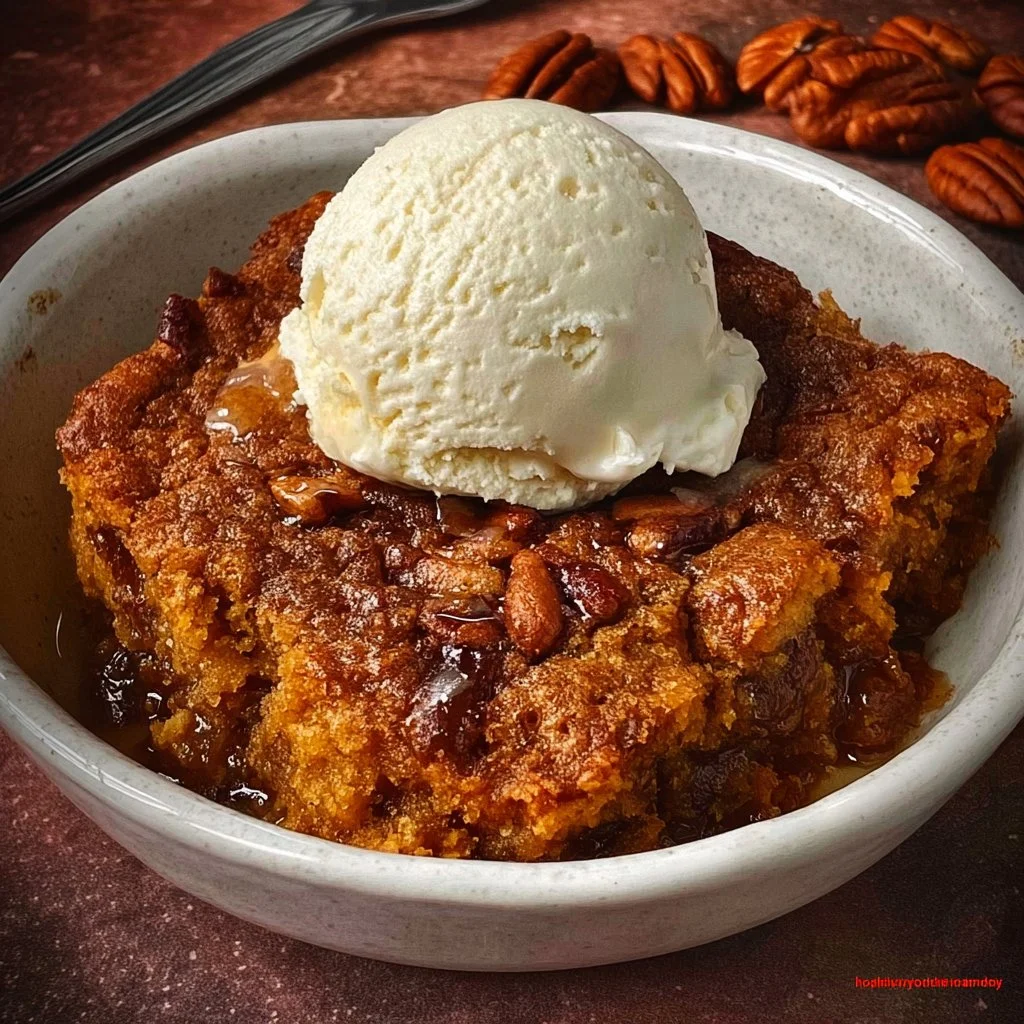 Delicious Pumpkin Pecan Cobbler served with whipped cream on a rustic table.