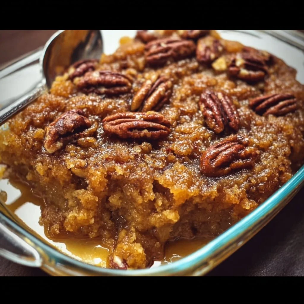 Delicious Pumpkin Pecan Cobbler topped with pecans and served in a rustic dish.