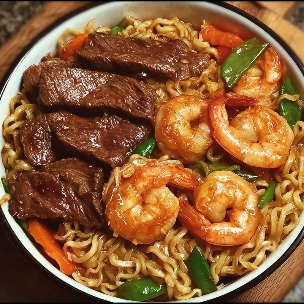 Stir-fried steak and shrimp served with delicious noodles