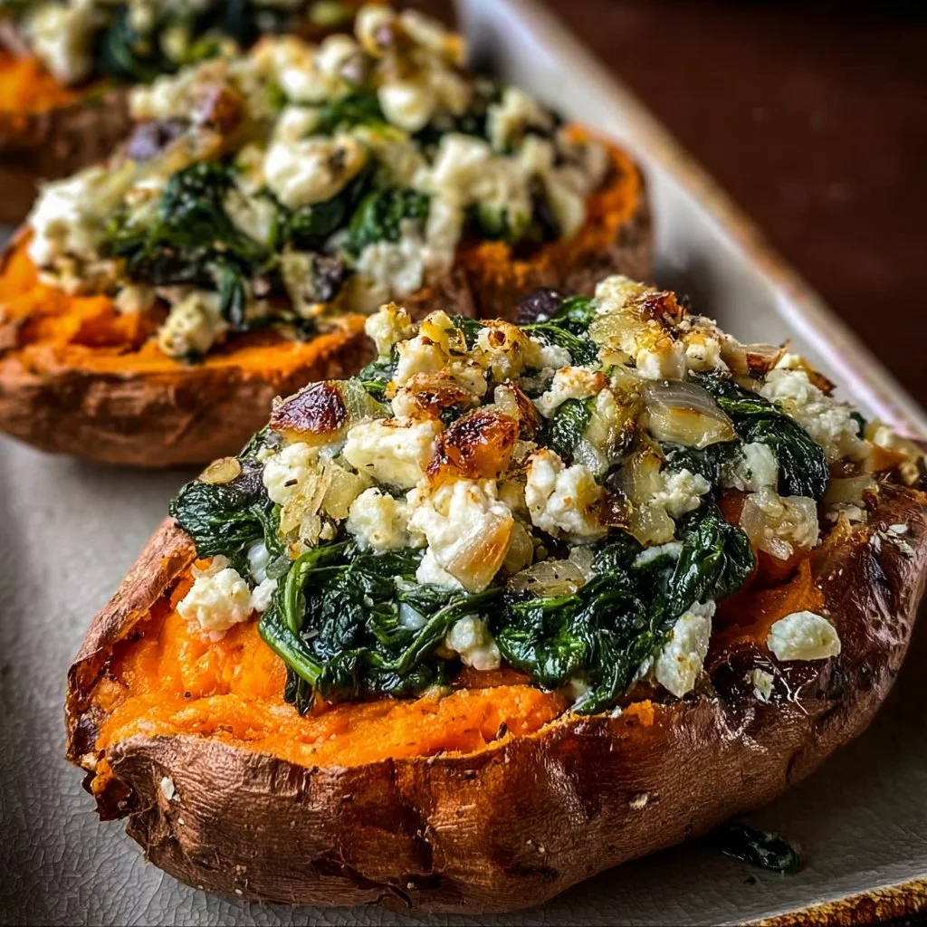 Stuffed sweet potatoes with spinach and feta on a plate